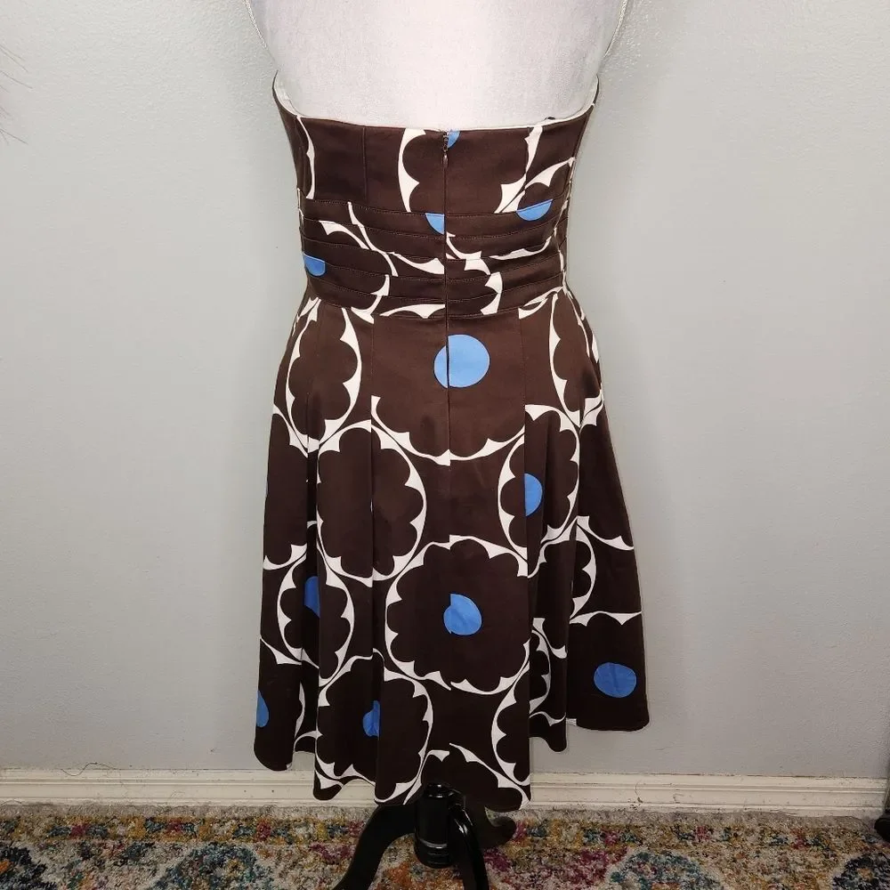 VTG Kay Unger Brown & Blue Polka Dot Strapless Fit & Flare Pleated Hem Dress 12 - Picture 8 of 15